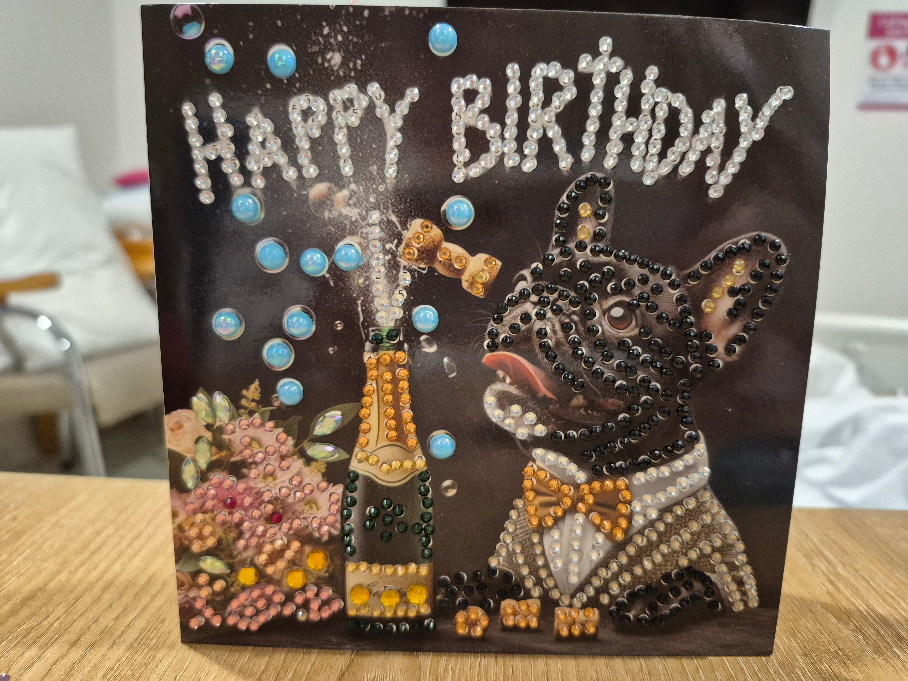 Card,  birthday dog & champagne & flowers Seahorse Creations AU