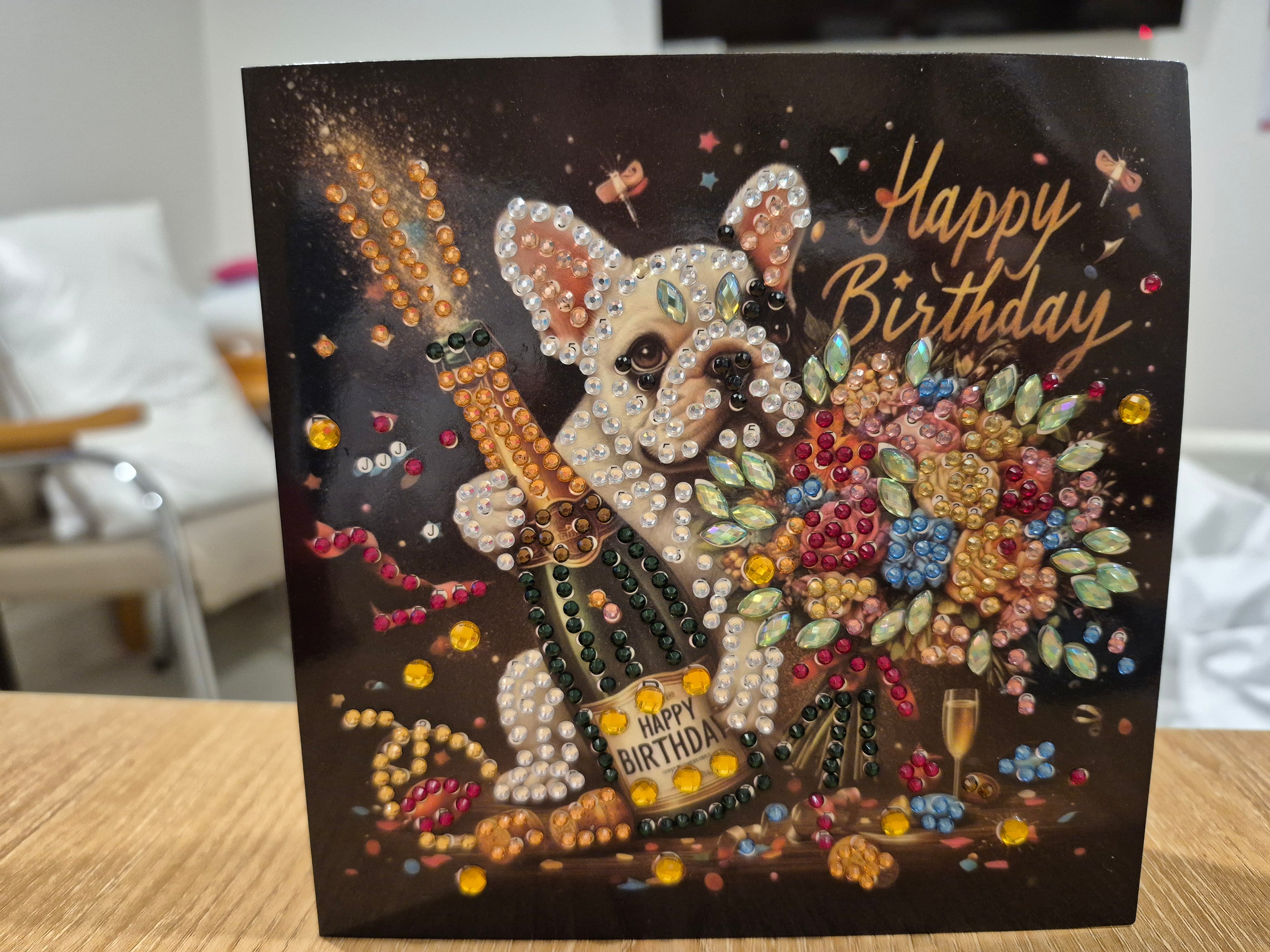Card,  white birthday dog & champagne & flowers Seahorse Creations AU