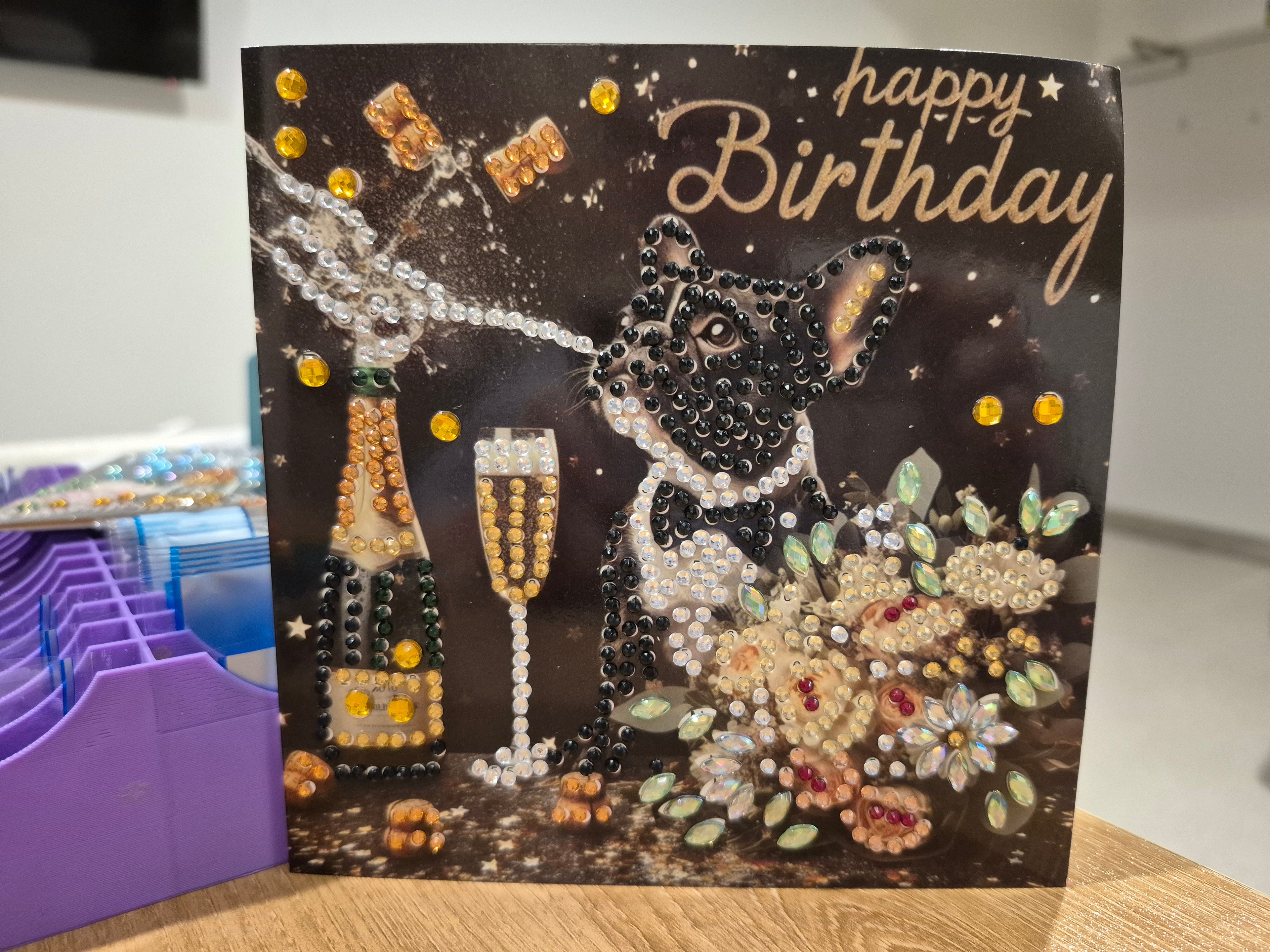 Card,  birthday - dog, champagne & flowers Seahorse Creations AU