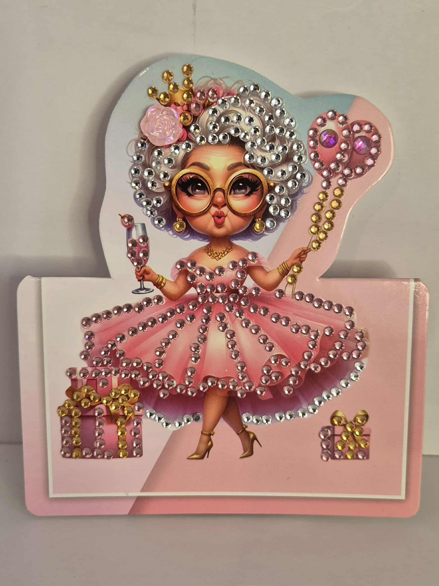 Pink lady with champagne and balloons birthay card Seahorse Creations AU